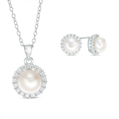 Button Freshwater Cultured Pearl and Lab-Created White Sapphire Frame Pendant and Stud Earrings Set in Sterling Silver