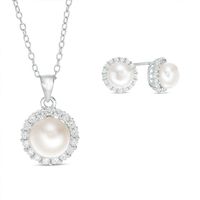 Button Freshwater Cultured Pearl and Lab-Created White Sapphire Frame Pendant and Stud Earrings Set in Sterling Silver