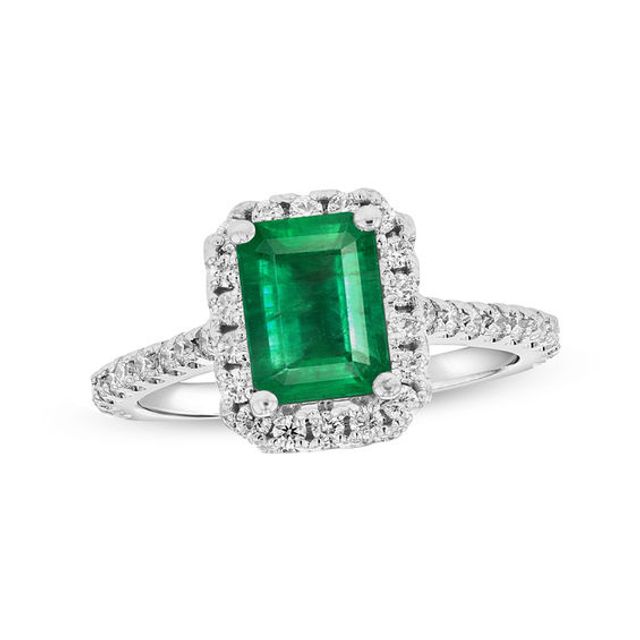 Emerald-Cut Emerald and 1/2 CT. T.w. Diamond Frame Engagement Ring in 14K White Gold