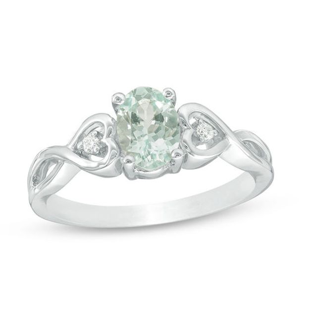 Oval Aquamarine and Diamond Accent Heart Sides Promise Ring in Sterling Silver