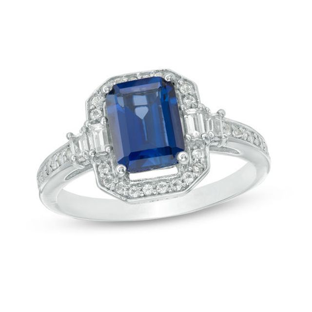 Emerald-Cut Lab-Created Blue and White Sapphire Frame Ring in Sterling Silver