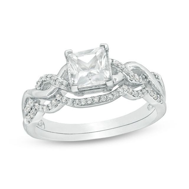 6.0mm Princess-Cut Lab-Created White Sapphire Braided Shank Bridal Set in Sterling Silver