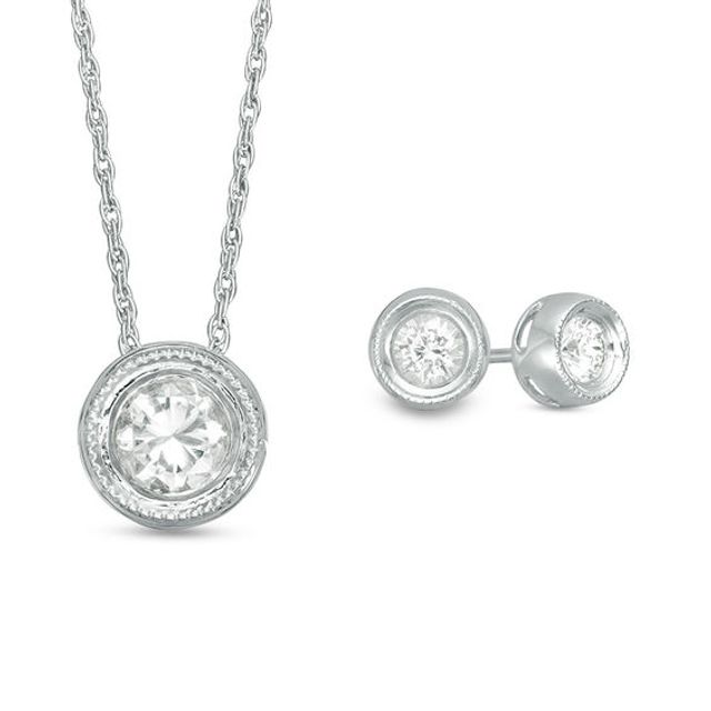 Lab-Created White Sapphire Solitaire Vintage-Style Frame Pendant and Stud Earrings Set in Sterling Silver