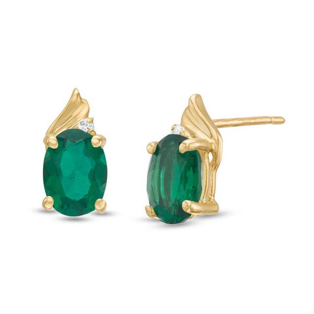 Oval Lab-Created Emerald and Diamond Accent Swirl Top Drop Earrings in 10K Gold