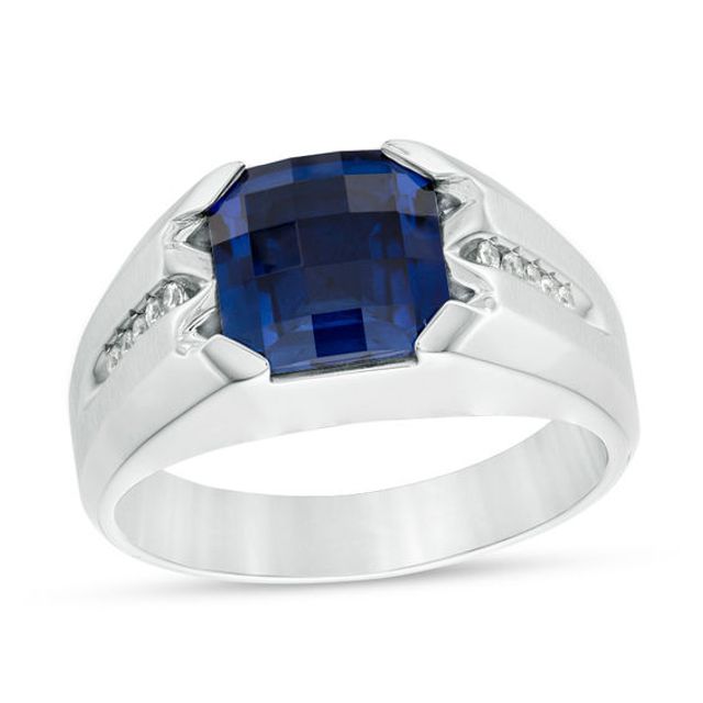 Cushion-Shaped Lab-Created Blue Sapphire and 1/20 CT. T.w. Diamond Ring in Sterling Silver