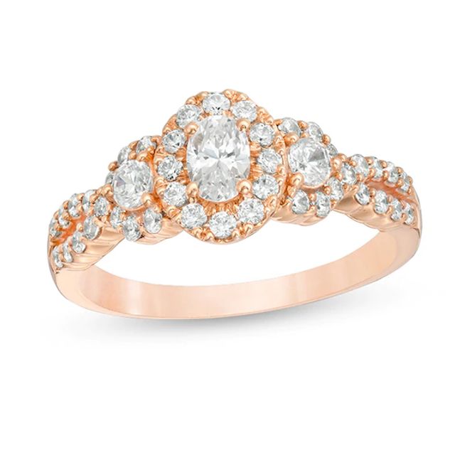 Celebration Ideal 1 CT. T.w. Oval Certified Diamond Three Stone Frame Engagement Ring in 14K Rose Gold (I/I1)