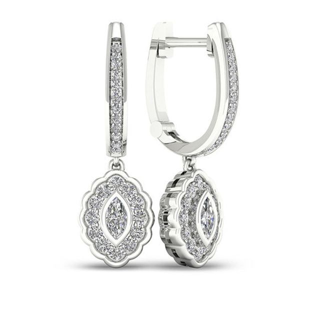 1/2 CT. T.w. Marquise Diamond Flower Frame Drop Hoop Earrings in 10K White Gold