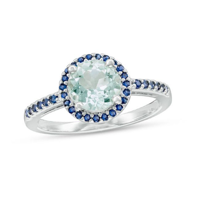 7.0mm Aquamarine and Lab-Created Blue Sapphire Frame Ring in Sterling Silver