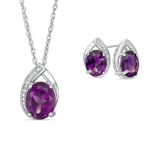 Oval Amethyst and Lab-Created White Sapphire Pendant and Stud Earrings Set in Sterling Silver