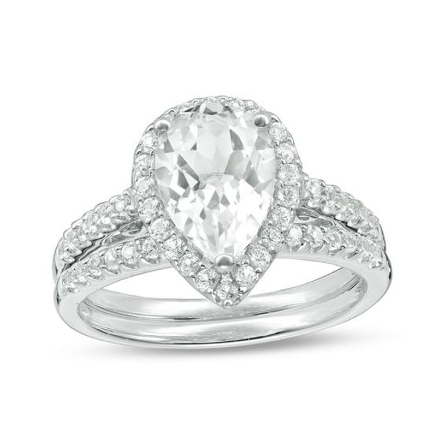 Pear-Shaped Lab-Created White Sapphire Frame Bridal Set in Sterling Silver