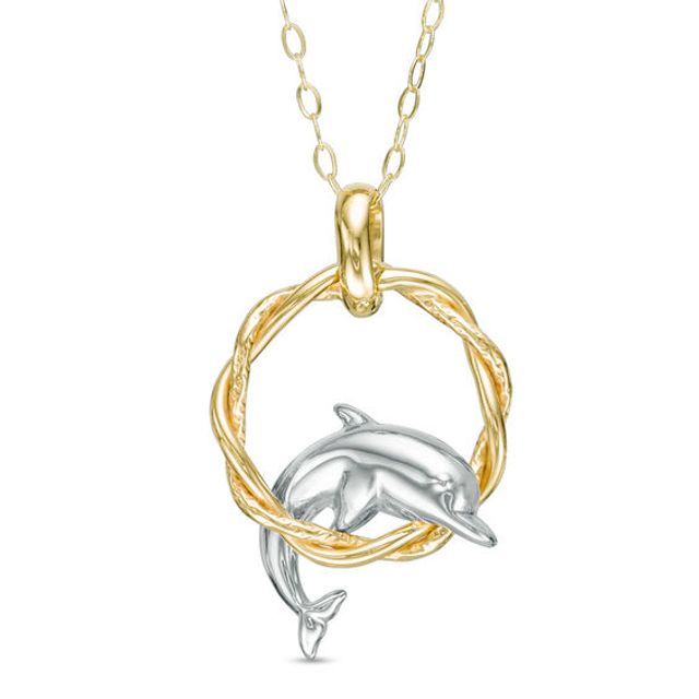Dolphin and Hoop Pendant in 10K Two-Tone Gold