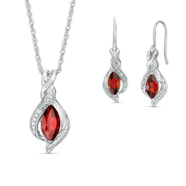 Marquise Garnet and Lab-Created White Sapphire Twisted Flame Pendant and Drop Earrings Set in Sterling Silver