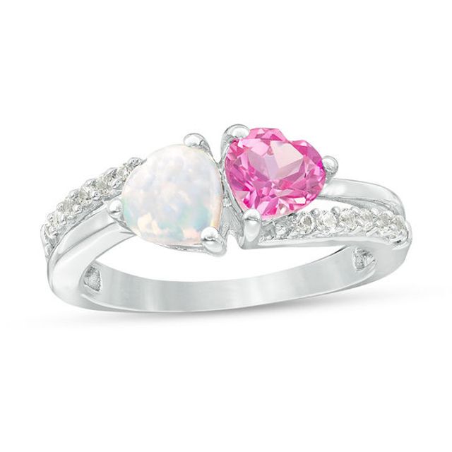 6.0mm Heart-Shaped Lab-Created Opal, Pink and White Sapphire Split Shank Ring in Sterling Silver