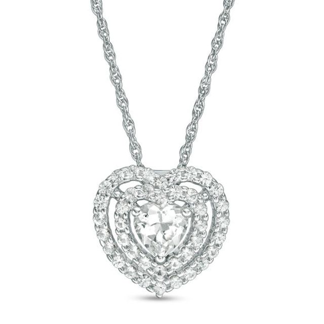 5.0mm Heart-Shaped Lab-Created White Sapphire Double Frame Pendant in Sterling Silver