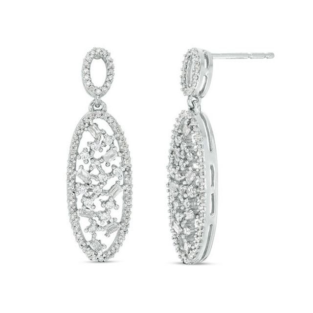 1/2 CT. T.w. Baguette and Round Diamond Scatter Oval Drop Earrings in 10K White Gold