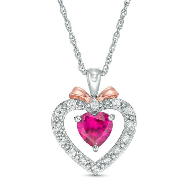 6.0mm Lab-Created Ruby and White Sapphire Heart with Bow Pendant in Sterling Silver and 14K Rose Gold Plate