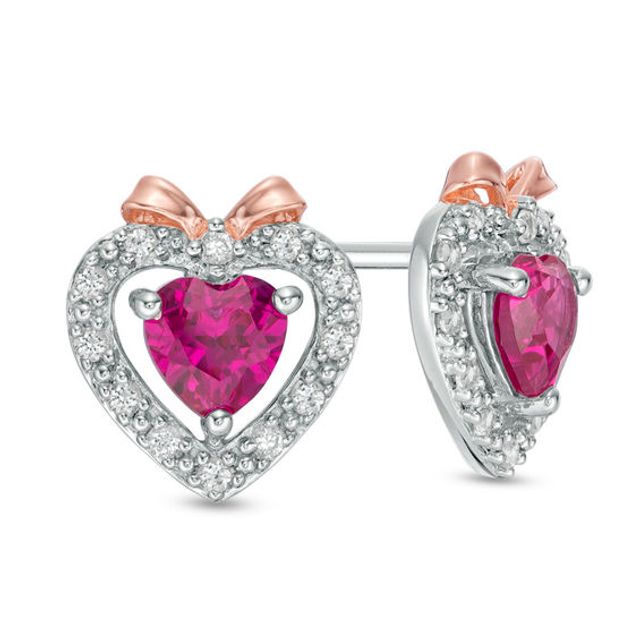 5.0mm Lab-Created Ruby and White Sapphire Heart with Bow Stud Earrings in Sterling Silver and 14K Rose Gold Plate