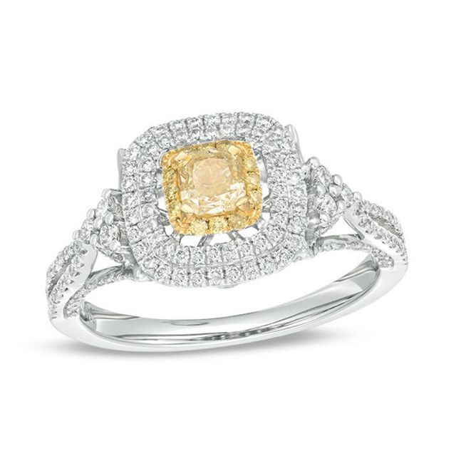 1 CT. T.w. Cushion-Cut Yellow and White Diamond Triple Frame Tri-Sides Engagement Ring in 14K White Gold - Size 7