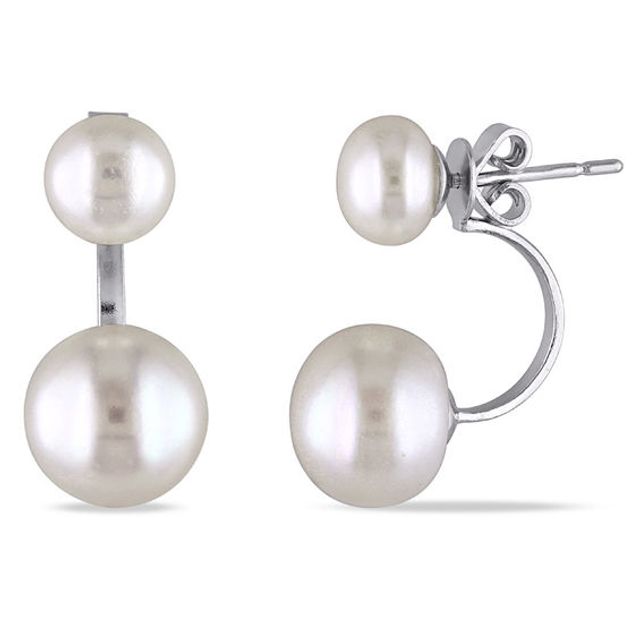 7.0-10.5mm Button Freshwater Cultured Pearl Front/Back Earrings in Sterling Silver