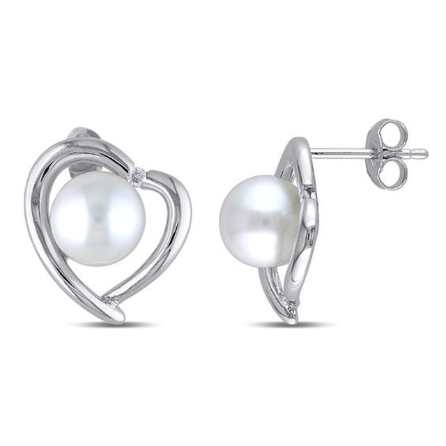 8.0-8.5mm Freshwater Cultured Pearl and 1/20 CT. T.w. Diamond Heart Frame Stud Earrings in Sterling Silver