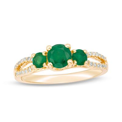 Emerald and 1/10 CT. T.w. Diamond Three Stone Split Shank Ring in 10K Gold