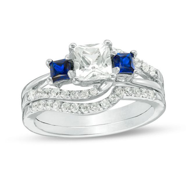 Princess-Cut Lab-Created Blue and White Sapphire with 3/8 CT. T.w. Diamond Three Stone Bridal Set in Sterling Silver