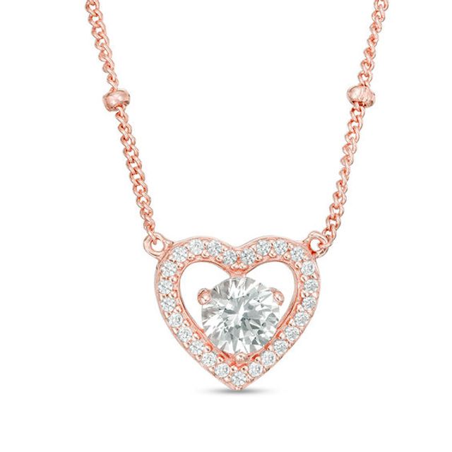5.0mm White Lab-Created Sapphire Heart Bead Station Necklace in Sterling Silver with 18K Rose Gold Plate