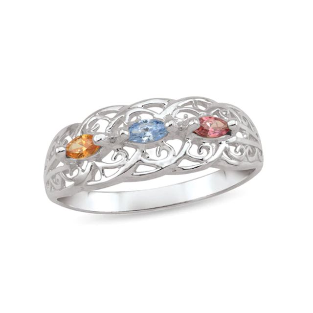 Mother's Marquise Birthstone Filigree Wave Ring (3 Stones)