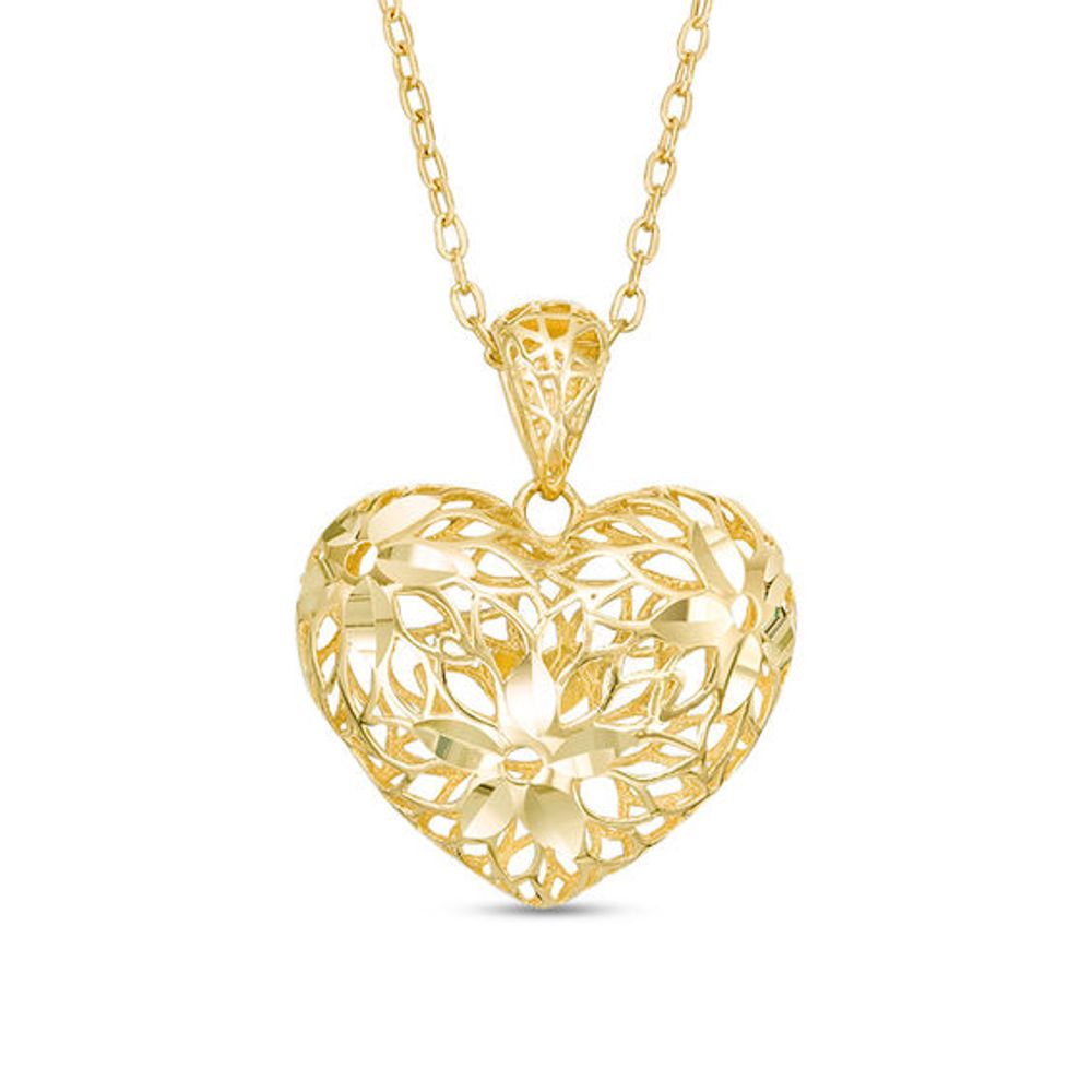 Diamond-Cut Floral Puffed Heart Pendant in 10K Gold - 17"