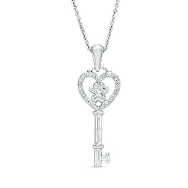 Diamond Accent Dog Paw Print Heart-Top Key Pendant in Sterling Silver