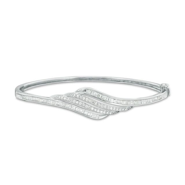1 CT. T.w. Baguette and Round Diamond Wave Bangle in Sterling Silver