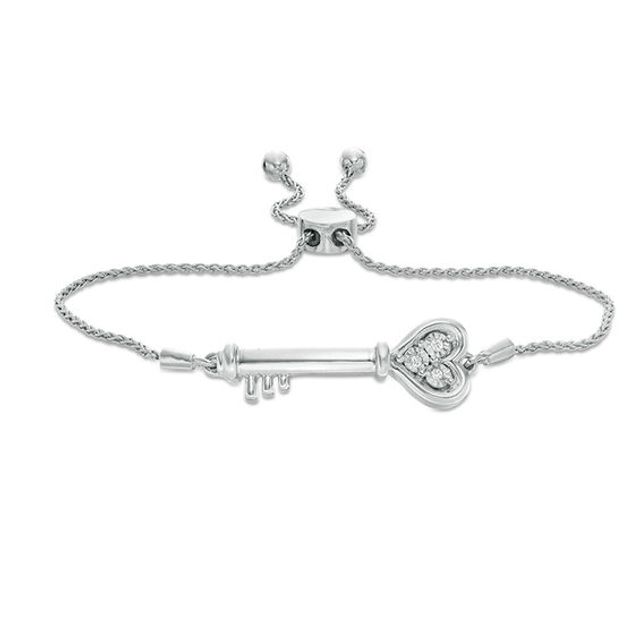 Diamond Accent Sideways Heart Key Bolo Bracelet in Sterling Silver (1 Line) - 9.5"