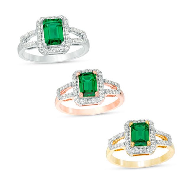 Emerald-Cut Lab-Created Emerald and 1/4 CT. T.w. Diamond Frame Open Shank Ring in 10K White, Yellow or Rose Gold