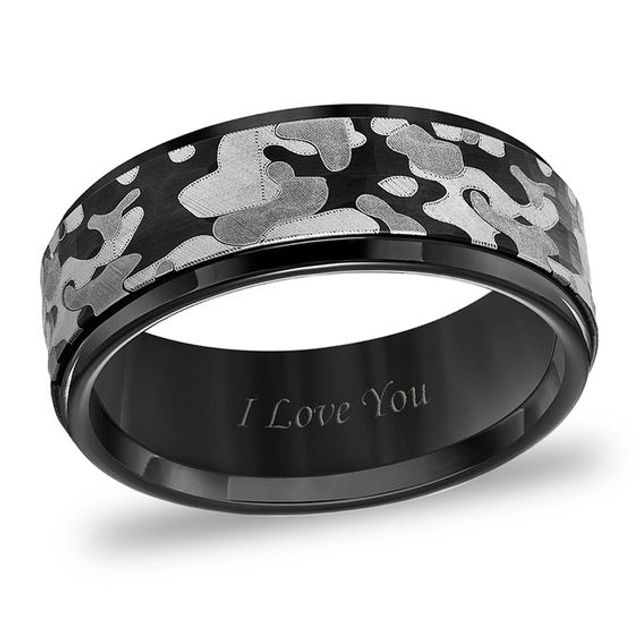 Men's 8.0mm Grey Camouflage Inlay Beveled Edge Wedding Band in Black Tungsten (1 Line)