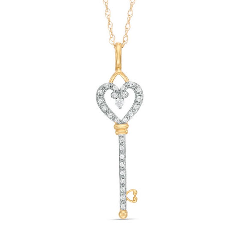 1/10 CT. T.w. Diamond Heart-Top Key Pendant in 10K Gold