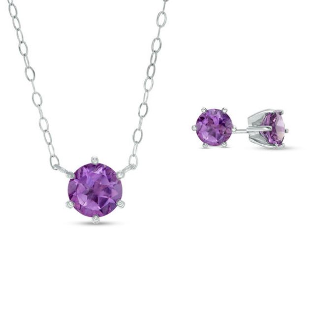 Amethyst Solitaire Necklace and Stud Earrings Set in Sterling Silver