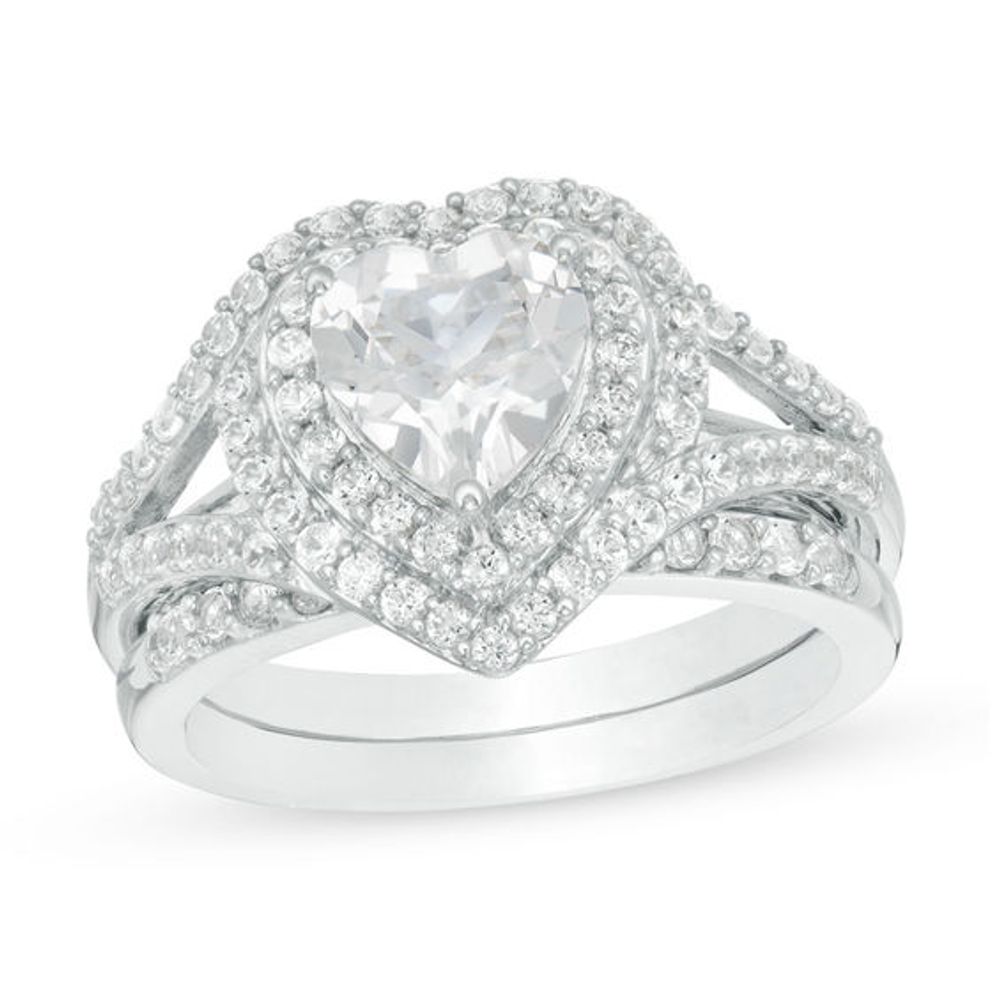 7.0mm Heart-Shaped Lab-Created White Sapphire Frame Bypass Split Shank Bridal Set in Sterling Silver