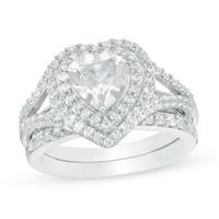 7.0mm Heart-Shaped Lab-Created White Sapphire Frame Bypass Split Shank Bridal Set in Sterling Silver