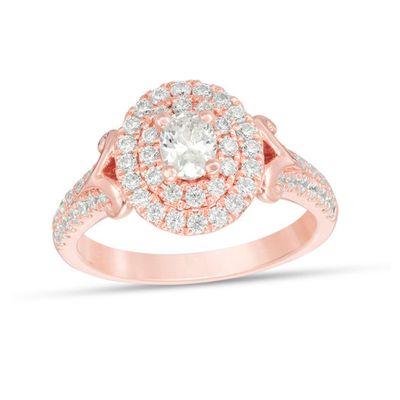 1 CT. T.w. Oval Diamond Double Frame V-Sides Engagement Ring in 14K Rose Gold