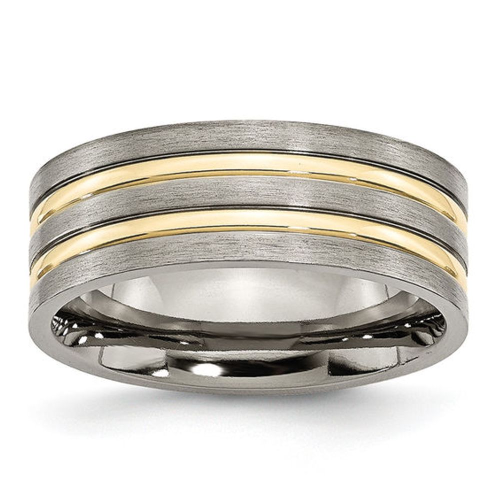 Men's 8.0mm Yellow IP Double Stripe Groove Brushed Wedding Band in Titanium