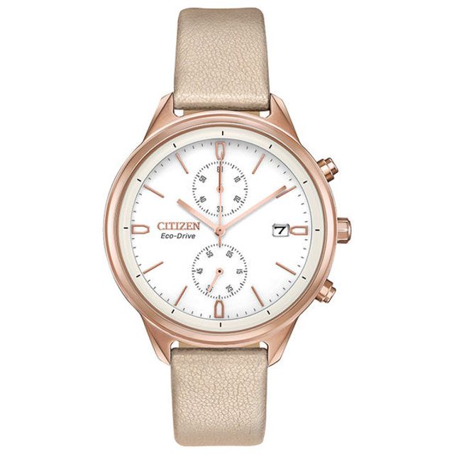 Ladies' Citizen Eco-DriveÂ® Chandler Rose-Tone IP Chronograph Strap Watch with White Dial (Model: Fb2003-05A)