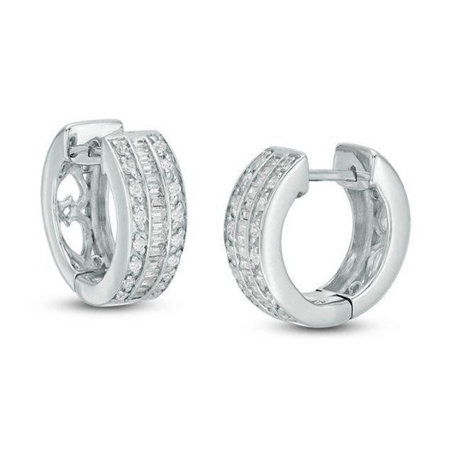 1/3 CT. T.w. Baguette and Round Diamond Multi-Row Huggie Hoop Earrings in 14K White Gold