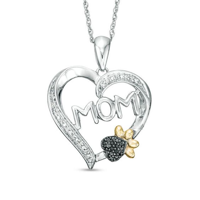 1/20 CT. T.w. Enhanced Black and White Diamond Mom with Paw Print Heart Pendant in Sterling Silver and 10K Gold