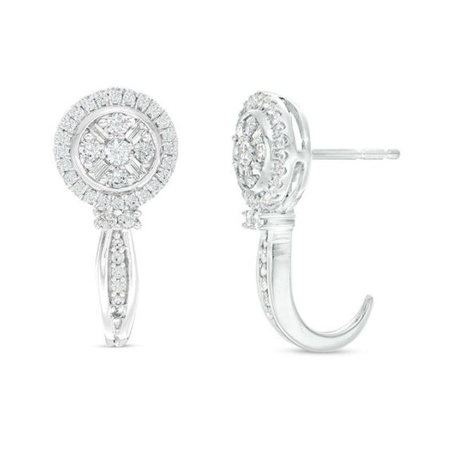 1/2 CT. T.w. Baguette and Round Composite Diamond J-Hoop Earrings in 10K White Gold