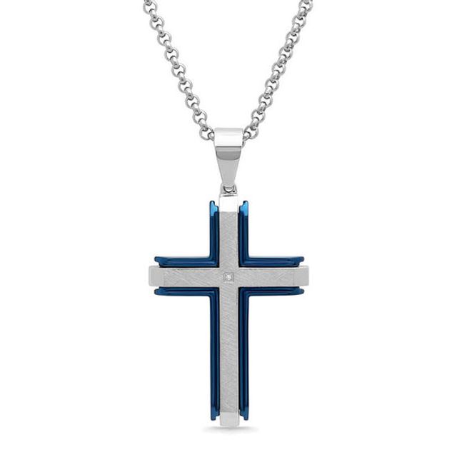 Men's Diamond Accent Layered Cross Pendant in Two-Tone Stainless Steel - 24"