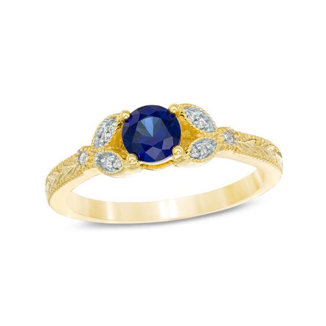 5.0mm Lab-Created Blue Sapphire and Diamond Accent Leaf Vintage-Style Ring in 10K Gold