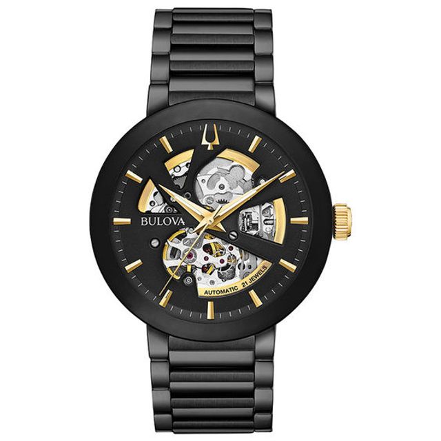 Men's Bulova Modern Automatic Black IP Watch with Skeleton Dial (Model: 98A203)