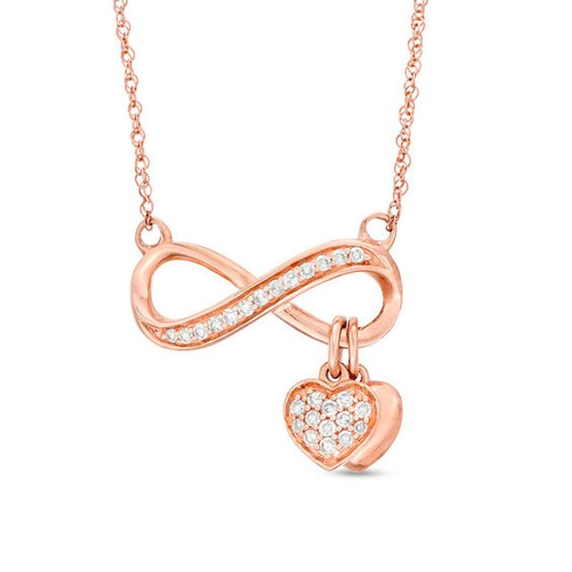 1/8 CT. T.w. Diamond Sideways Infinity with Double Heart Dangle Necklace in 10K Rose Gold
