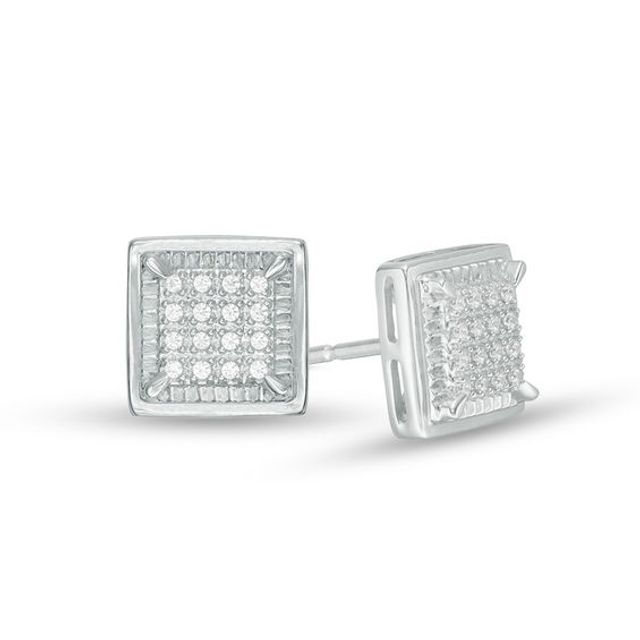 Men's 1/10 CT. T.w. Square-Shaped Multi-Diamond Textured Frame Stud Earrings in Sterling Silver