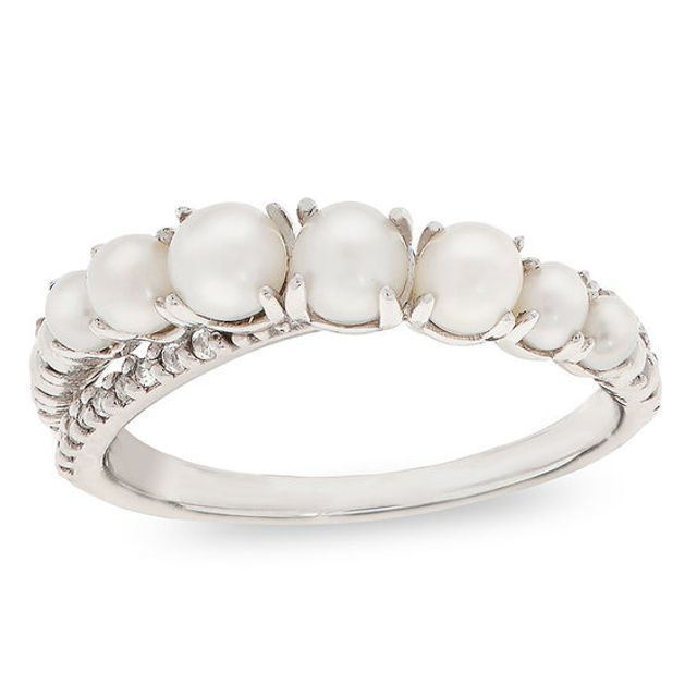 Freshwater Cultured Pearl and White Topaz Crossover Ring in Sterling Silver